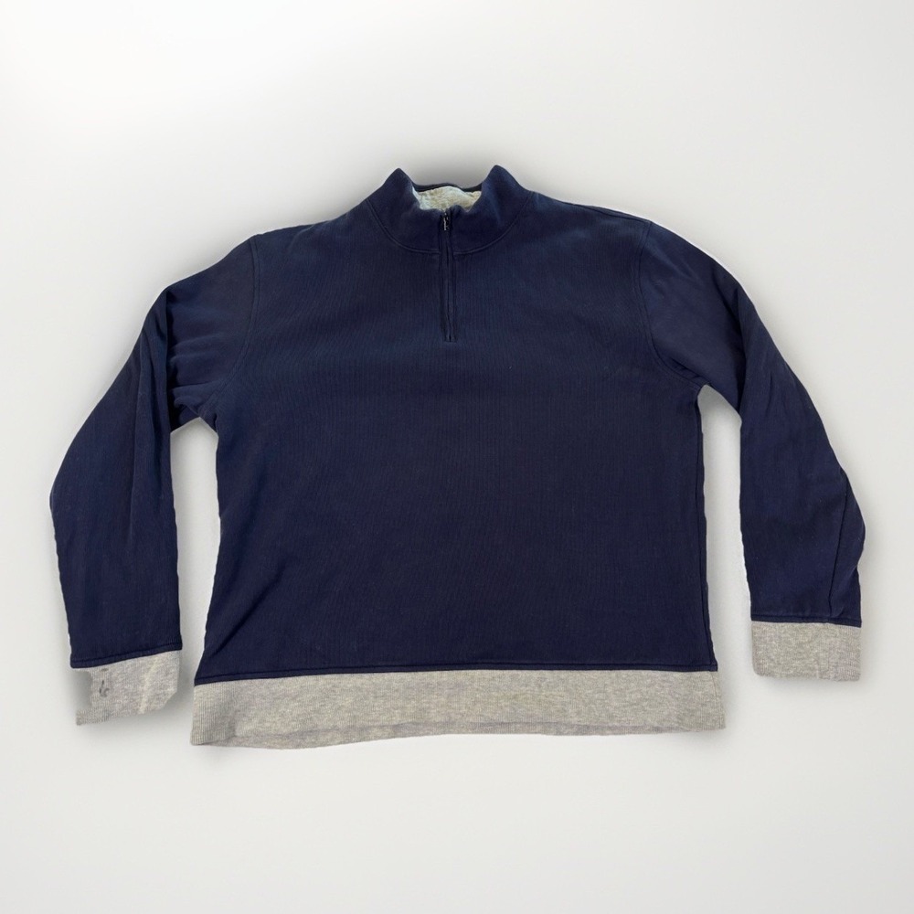 Lands End Quarter Zip Pullover Mens Large Navy‎ Blue Gray Reversible Mock Neck